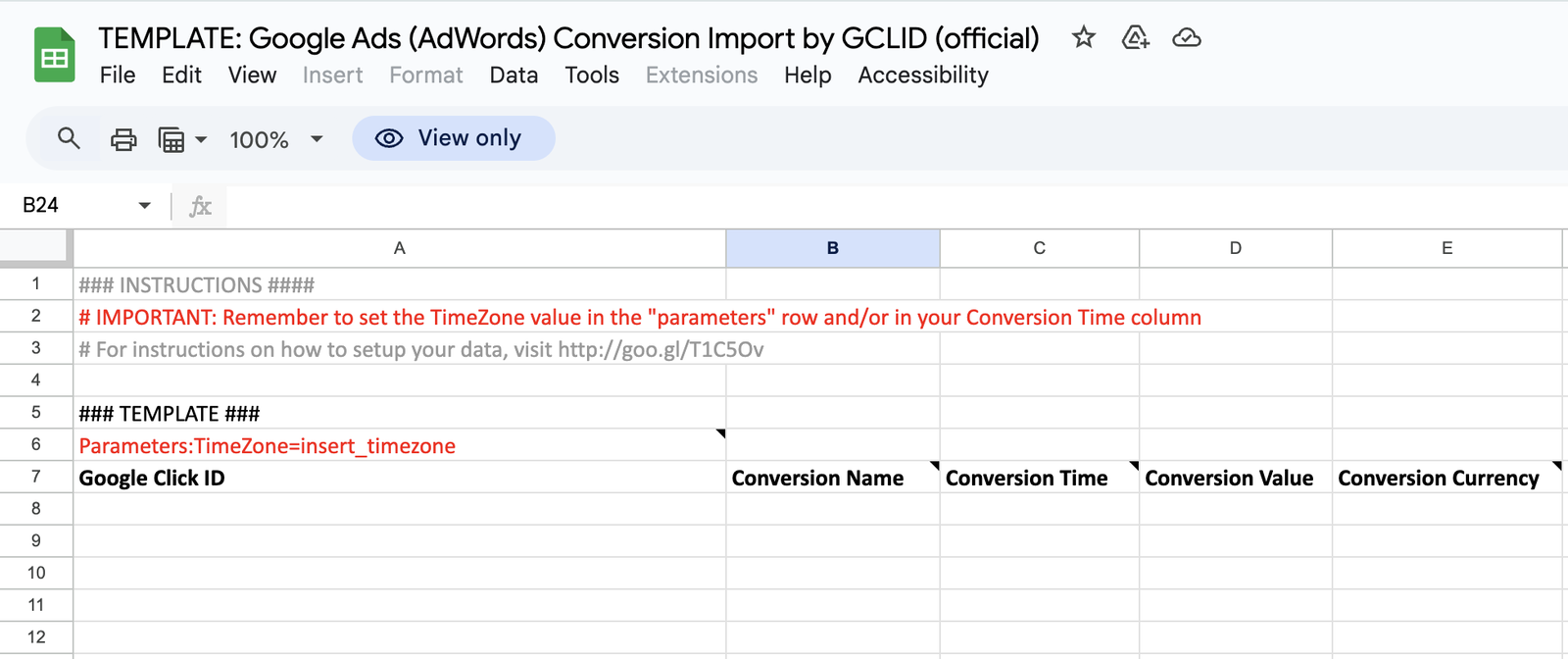 google ads conversion import template